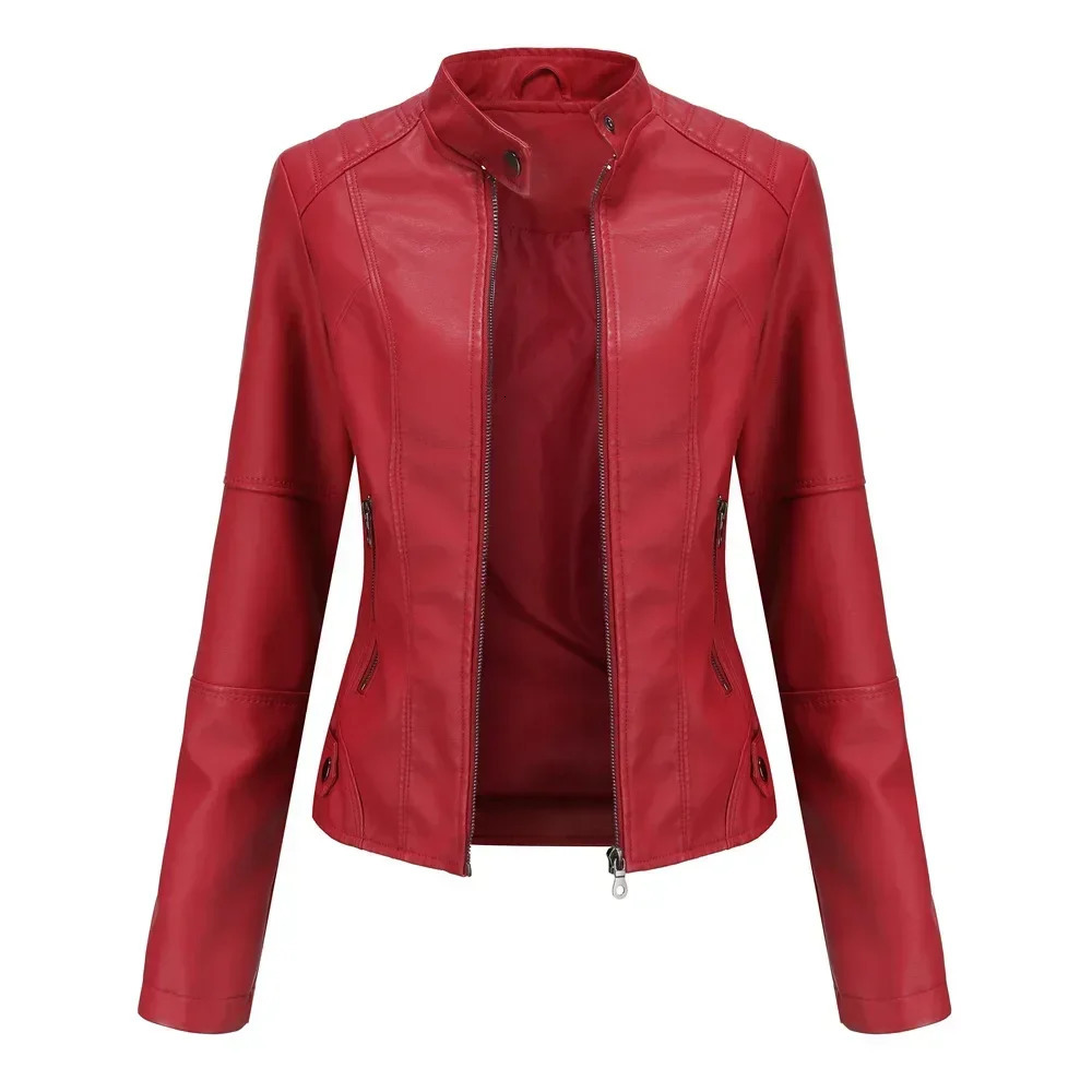 Faux Leather Jacket Women 2026 Moto Biker Zipper Jacket for Women Autumn Spring Coat Red Brown Black Coffee Blue Purple Apricot 260306