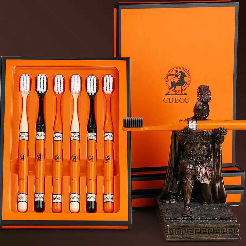 High-end Orange Equestrian Toothbrush 6-Piece Gift Set - Soft Bristle Adult Oral Care for Home UseT260307