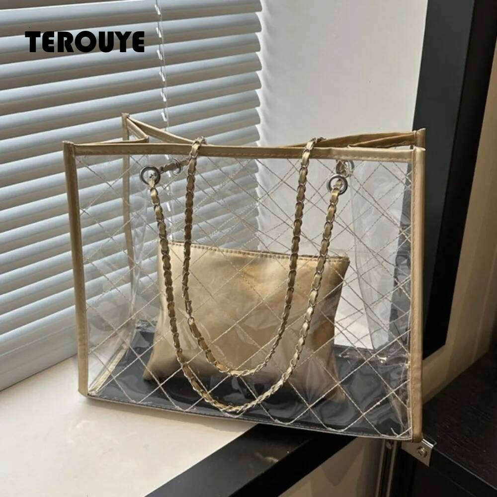 2026 Large Capacity Transparent Shoulder Summer Korean Style Waterproof Composite Storage Underarm Bag Beach Portable Tote TEROUYE