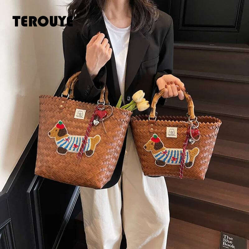 Vintage Striped Hand Woven Vegetable Basket Handbag For Women, Large Capacity Commuting Bag, Hand-Held Bucket Bag TEROUYE