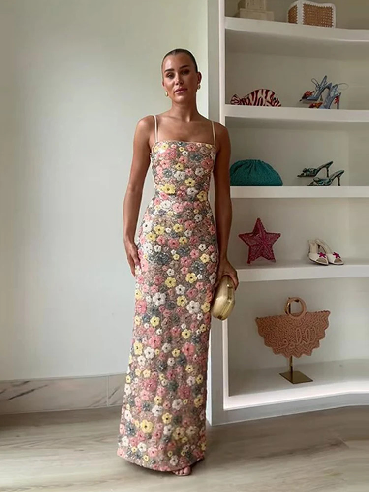 Fashion Sequin Flowers Sling Long Dress Women Sleeveless Backless Slim Maxi Dresses Colorful Floral Evening Party Robes 260306