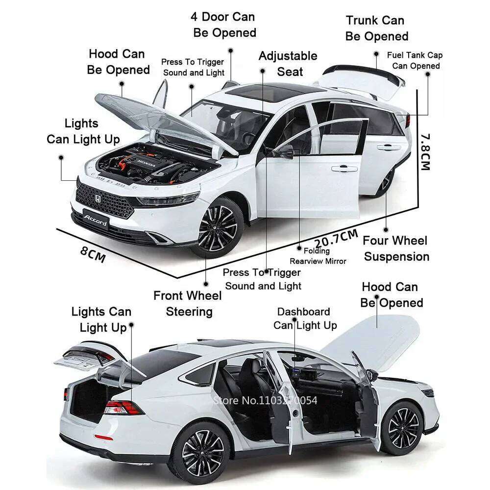 1:18 A6L Honda Accord Models Toys Cars Doors Opened Wheels Turned Vehicles Light Music Miniature Model for Boys Decoration Gifts Z260306