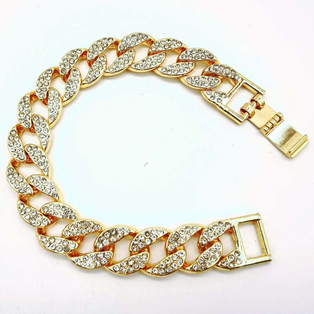 Manufacturer's foreign trade cross-border high-quality 15mm flat chain hip-hop Cuban necklace and rhinestone bracelet wholesale