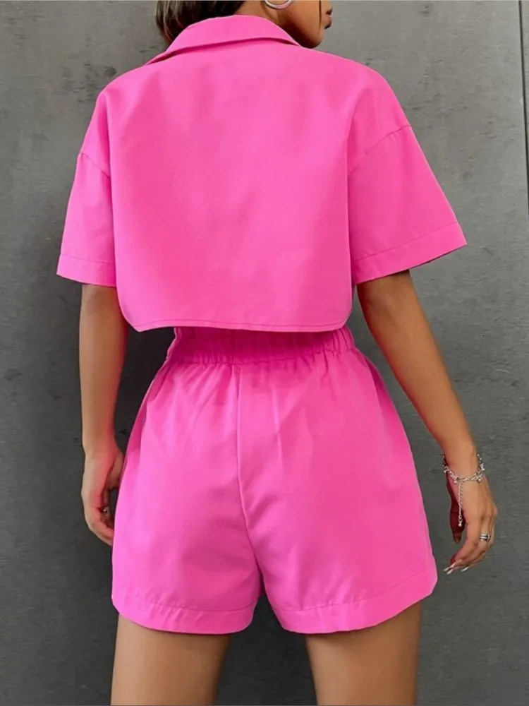 Summer Twopiece Sets For Women Cotton Short Sleeve Button Shirt Shorts Casual Sweet Style Suits Solid Color 2 Piece Set 260306