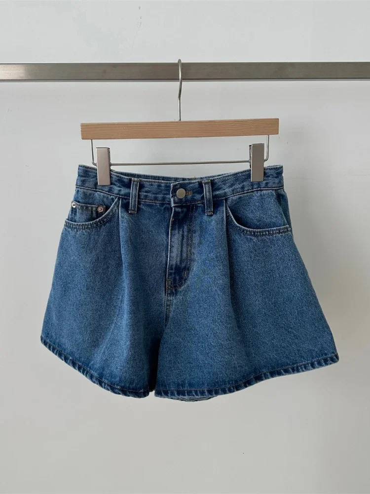 REALEFT High Waist Washed Womens Denim Wide Leg Shorts Summer Buttons Casual Female Blue Jeans Trouses Pockets 260306