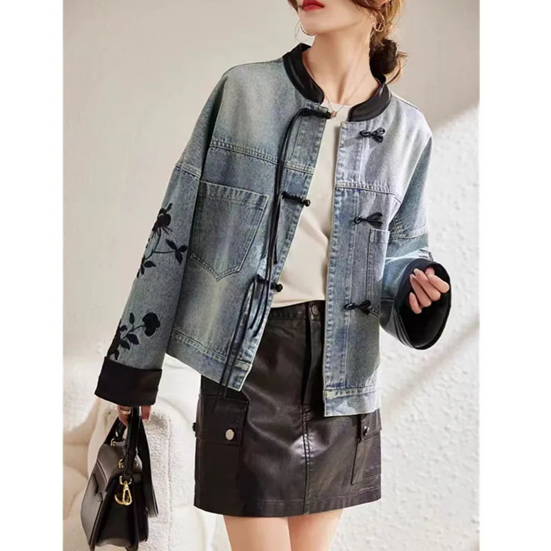 Vintage print Denim Jacket Women Spring Autumn fashion Long sleeve Jeans Short Coat female Loose Cowboy Outwear T167 260306