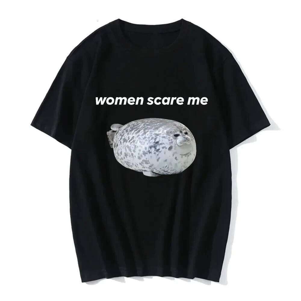Scare Me Funny Seal Meme Graphic Print Tee Women Casual T-shirt Humor T Shirt Novelty T-Shirt Japanese Tops XJ260306