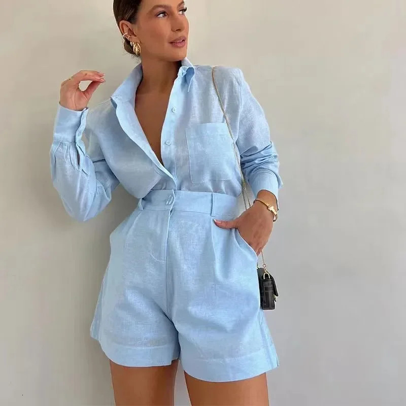 2026 Womens Long Sleeve 2Piece Set Casual Button Detail Shorts Outfit Shirt Top Summer Fashion Female Suit Y2k Clothing 260306