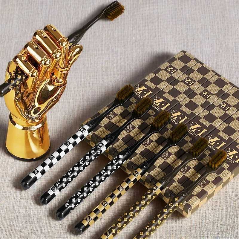 This 6-piece luxury checkered & monogram toothbrush set with soft bristles is perfect for stylish family home oral care.T260307