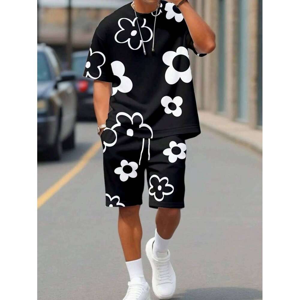 Fashion Men's Black And White Flower Graphic Print T-Shirt 2-Piece O-Neck Short Sleeve Top Elastic Waist Shorts Set