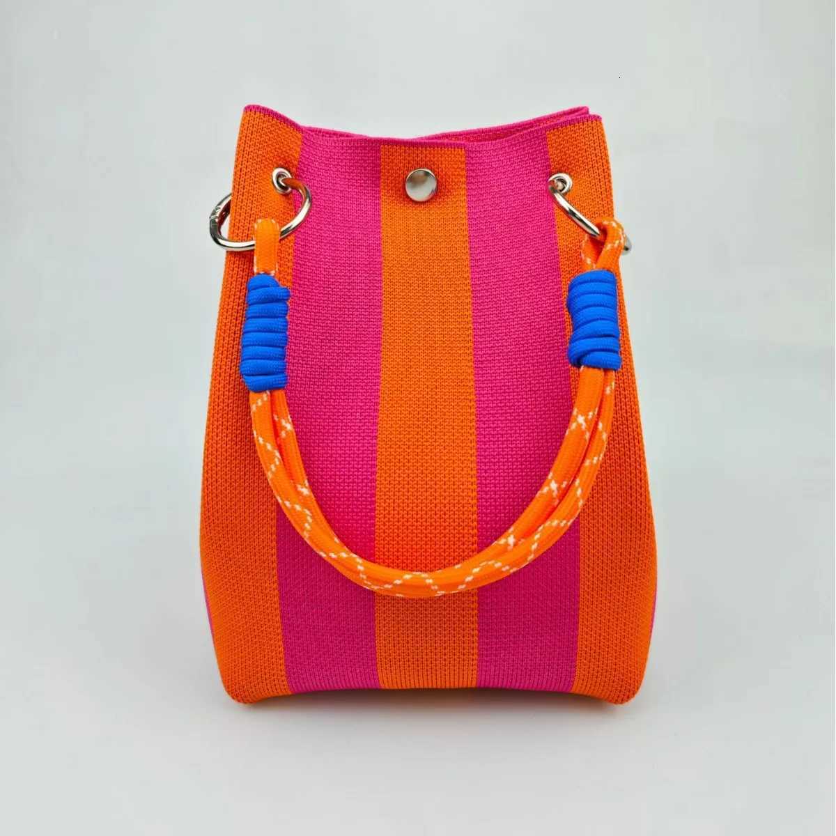 Colorful Stripe Handbag Large Capacity Bucket Rope Knot Spring Autumn Travel Versatile Soft Polyester Lining Mobile Phone Bag H260306