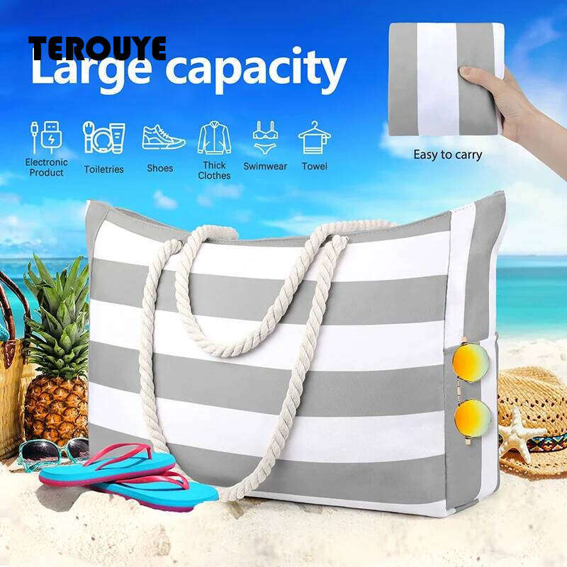 Bohemia Women's Handbag Large Capacity Stripes Tote For Women Foldable Beach Waterproof And Sand Resistant Travel Bag TEROUYE