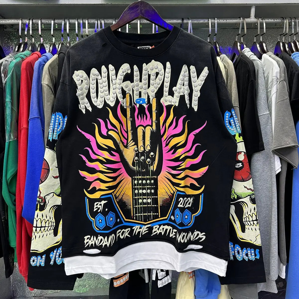 Roughplay American Cotton Retro Style Long Sleeve Men Women Jesus Print Skull Rockabilly Washed Out T-Shirt Vintage Tee 260303