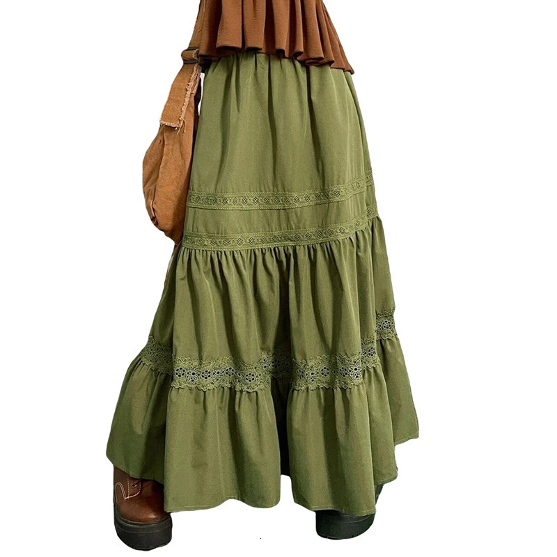 90s Vintage Green Pleated Skirts Korean Fashion Holiday Boho High Waist Long Skirts Retro Y2K Fairycore Cute Lace Trim Clothes 260306