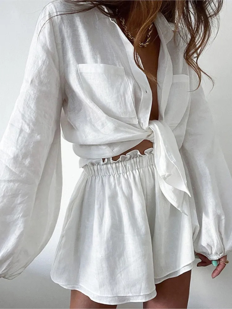 Summer Womens Casual Fashion Solid Color Sexy Lace Up Vneck Ruffle Edge Long Sleeved Shorts With Pocket Shirt Set 260306