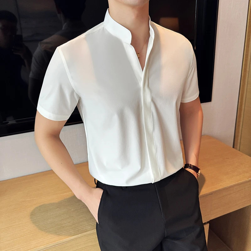 Stand Collar Short-Sleeved Shirt Mens High-Grade White V-Collar Shirt Drape Stretch Fashion V-neck Shirt Business Office 260305