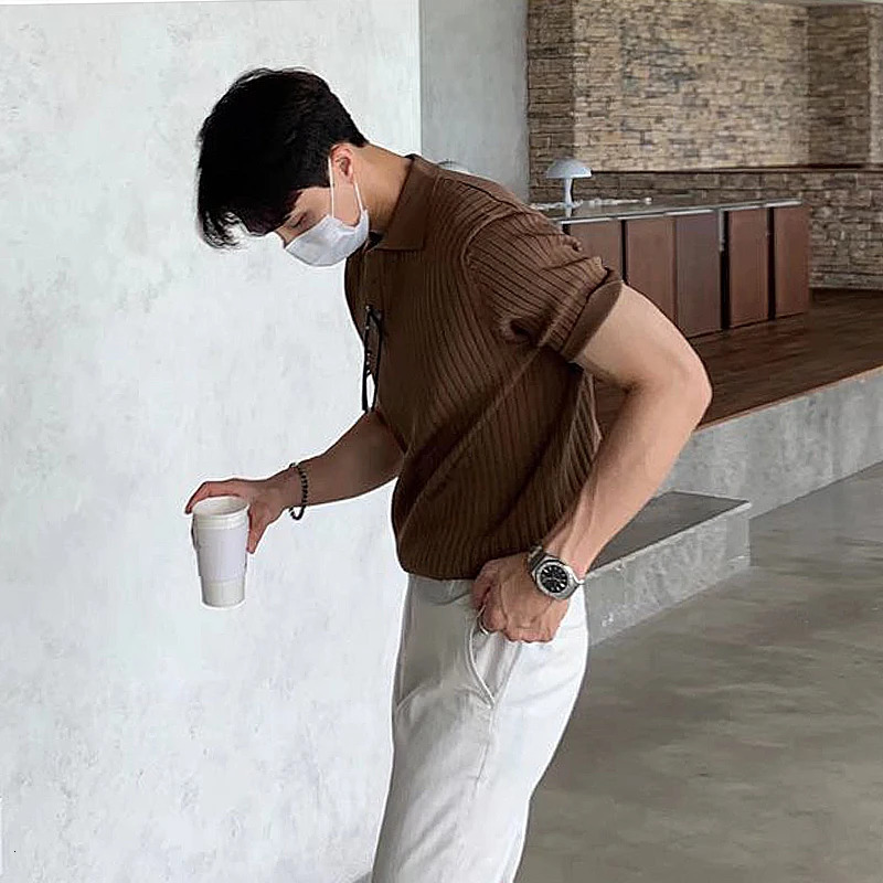 Summer Mens Clothing Retro Knit Lapel Striped Polo Shirt Solid Color Short Sleeve Fashion Light y Knitwear M3XL 260302