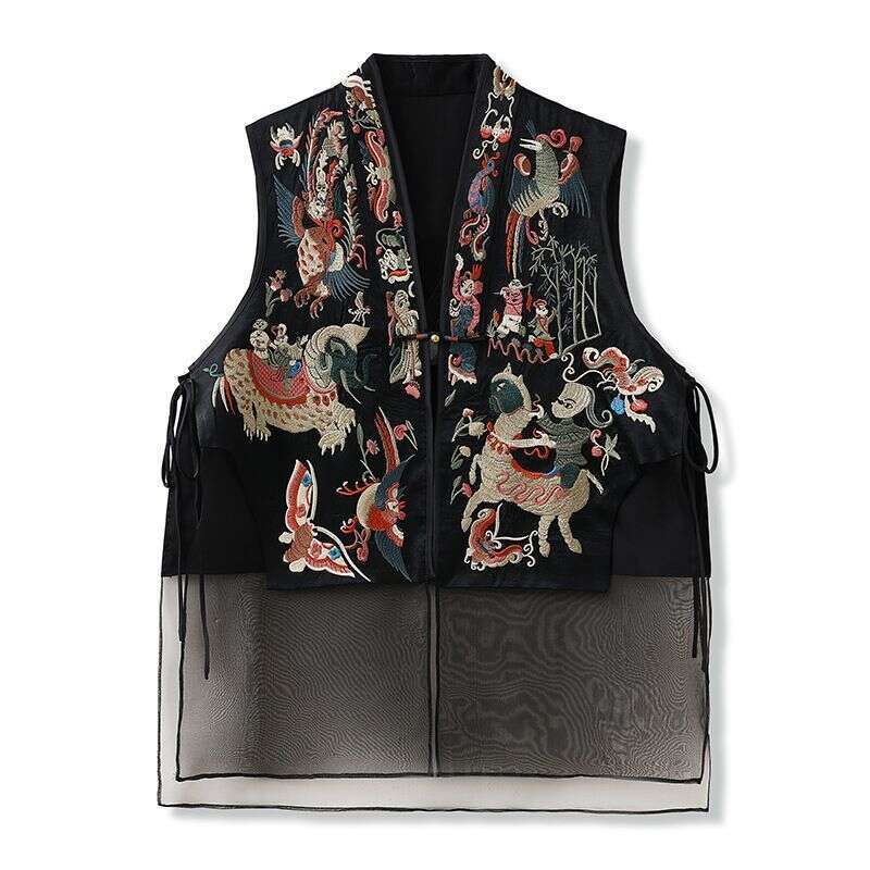 Mardi Hefxessdr Spring Summer Embroidered Heavy Work Mesh Women's Vest Chinese Style Top Outerwear Jacket Traditional National Design