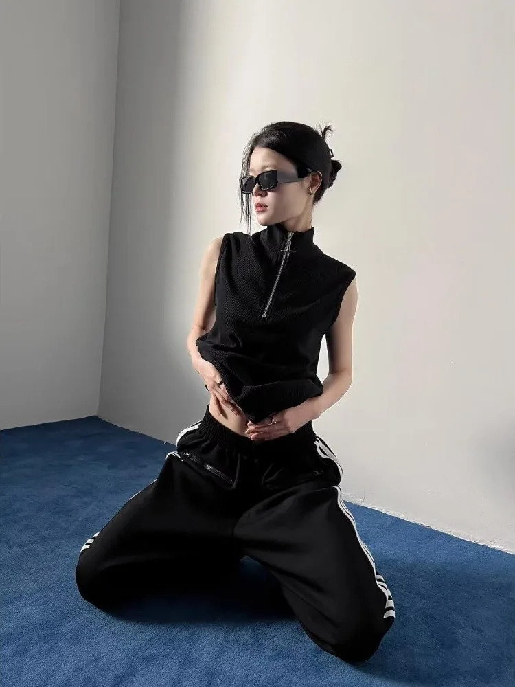 Gothic Tank Top Men and Women Harajuku Punk Vintage Stand Neck Zipper Streetwear Sleeveless Tanks Y2k Aesthetic Solid Camisoles 260306