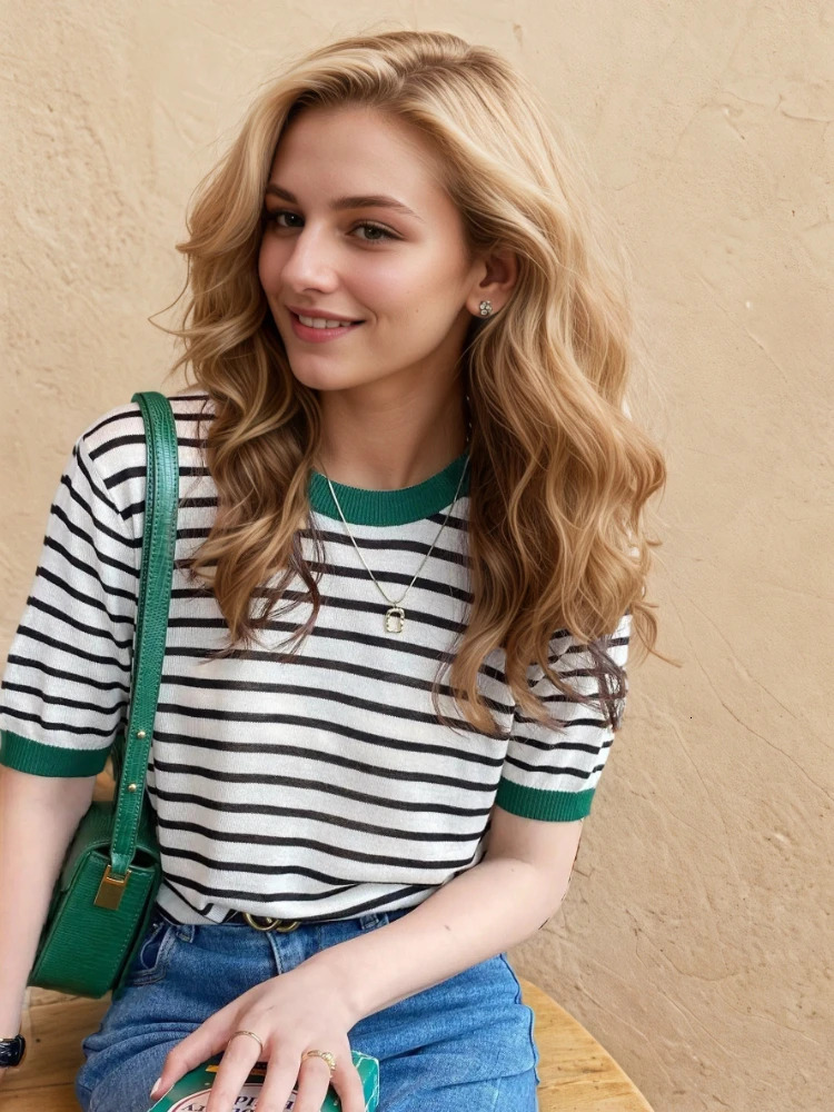 Fashion Stripe Knitted Round Collar Tees 2026 Summer Women Tops Print Short Sleeve Casual Simple Versatile TShirt 260306