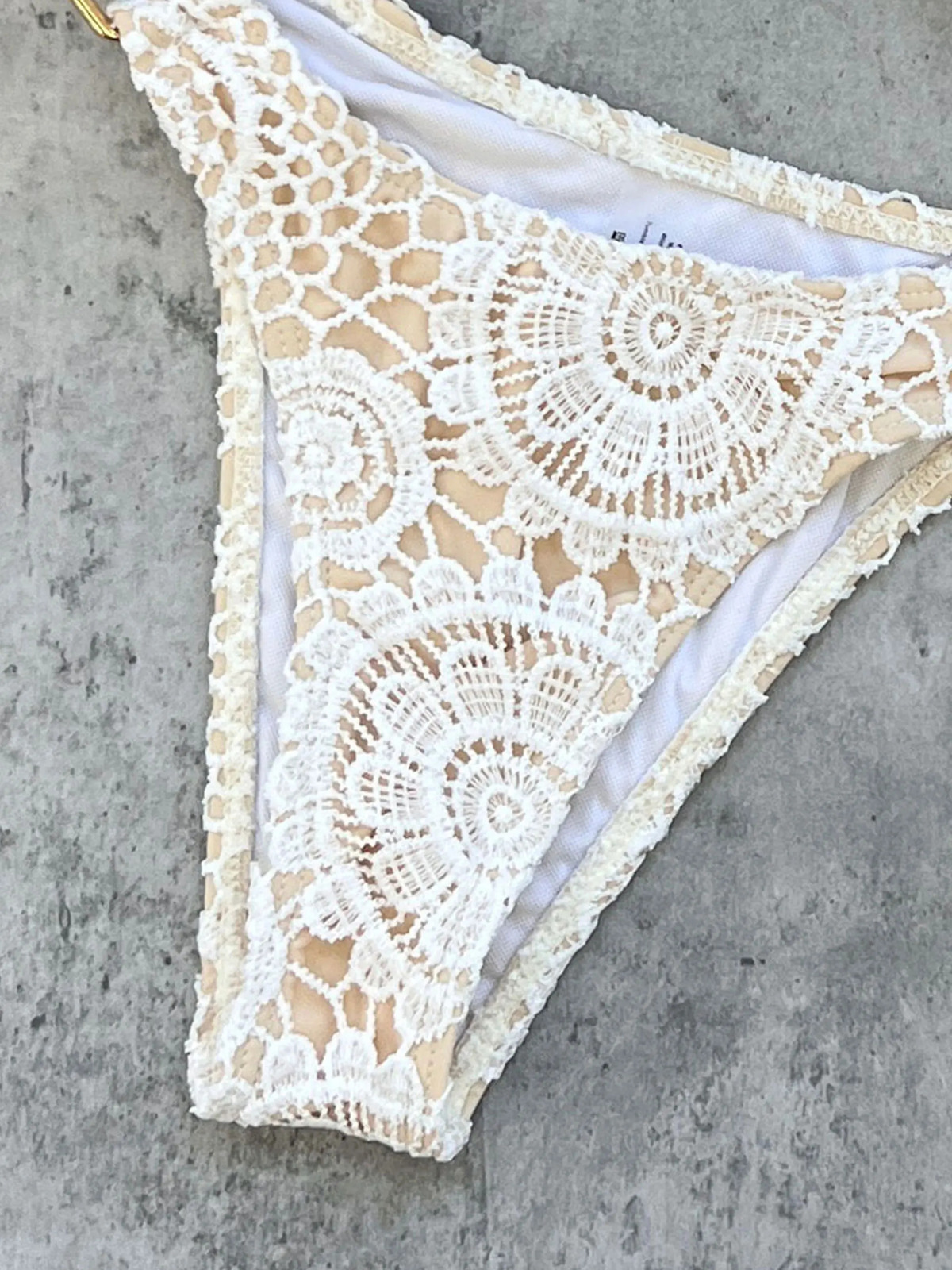 Boho Crochet Bikini Set Cream Knit with Leather Straps Metal Buckles Perfect for Beach Wear Pool Parties Summer Getaways 260306