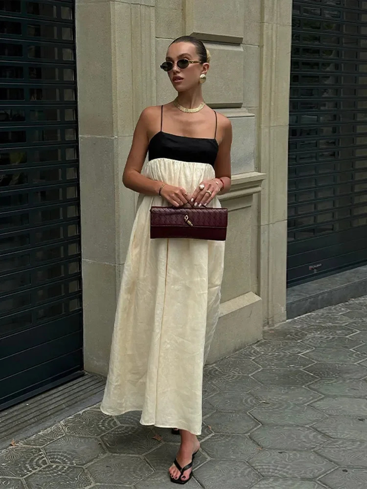 Contrast Splicing Loose Sling Long Dresses Women Square Collar Sleeveless Backless High Waist Dress Summer Lady Street Robe 260306