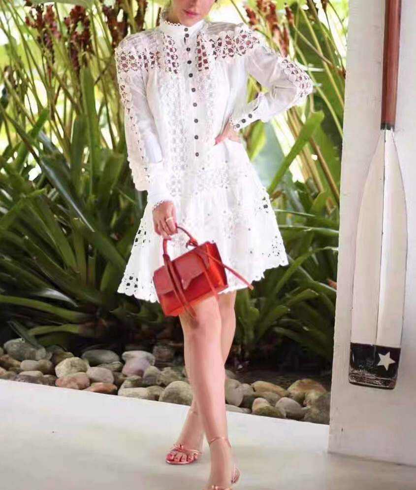 2026 Spring and Autumn Season European and A1 American Niche Lace Hollow Design Loose and Simple Solid Color Shirt Dress