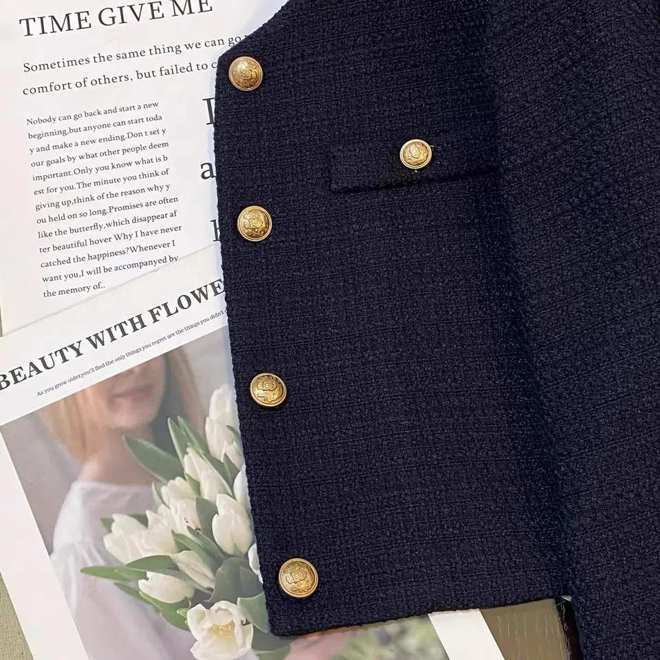 Navy Nlue Small Fragrant style Suit Jacket For women Spring autumn Round neck French Fashion Splicing Short Top 260306