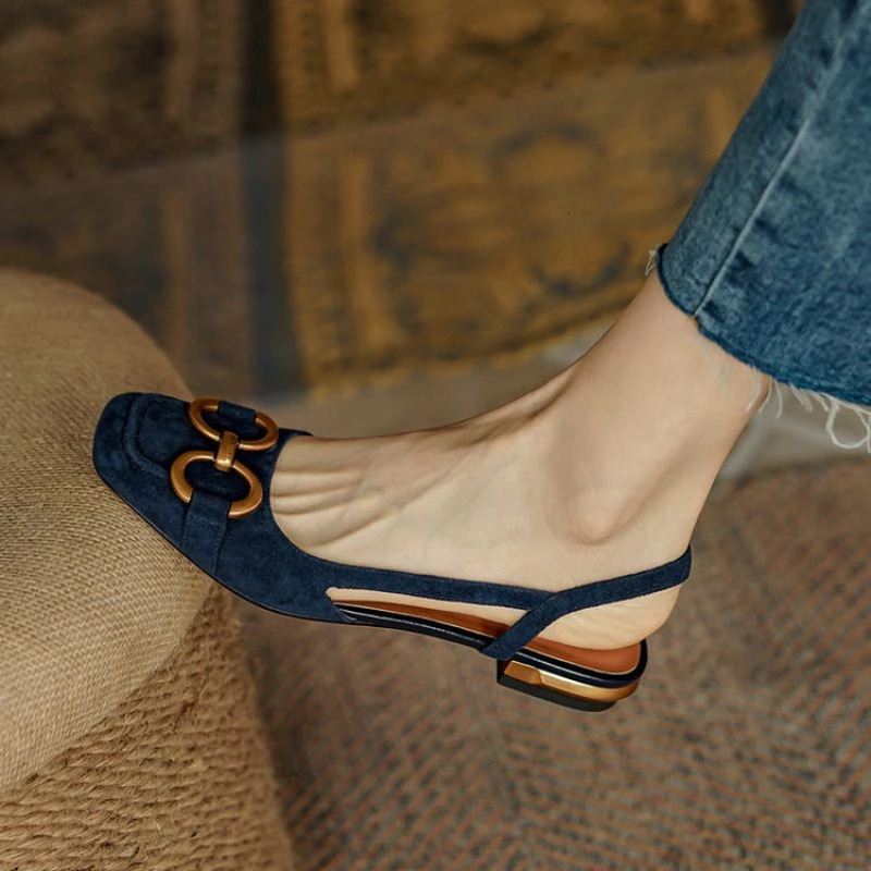 Retro Women Sandals Fashion Low-heeled Shoes Slingback Suede Office Ladies Shoes High Quality Elegant Slip on Woman Flat Sandals 260306