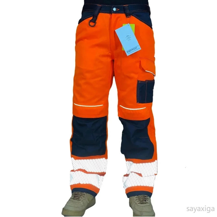 Reflective Stripe Pants Multi Pockets Cotton Construction Work Pants for Men Ouddoor Road Workwear Trousers Safety Cargo Pants 260305