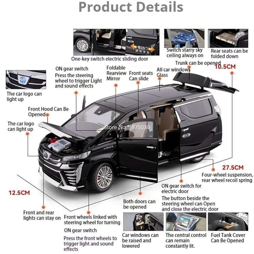 1:18 Vellfire LM300 Cars Models Alloy Diecast Toys 6 Doors Opened Miniature Vehicles Wheel Pull Back MPV Kids' Perfect Presents Z260306