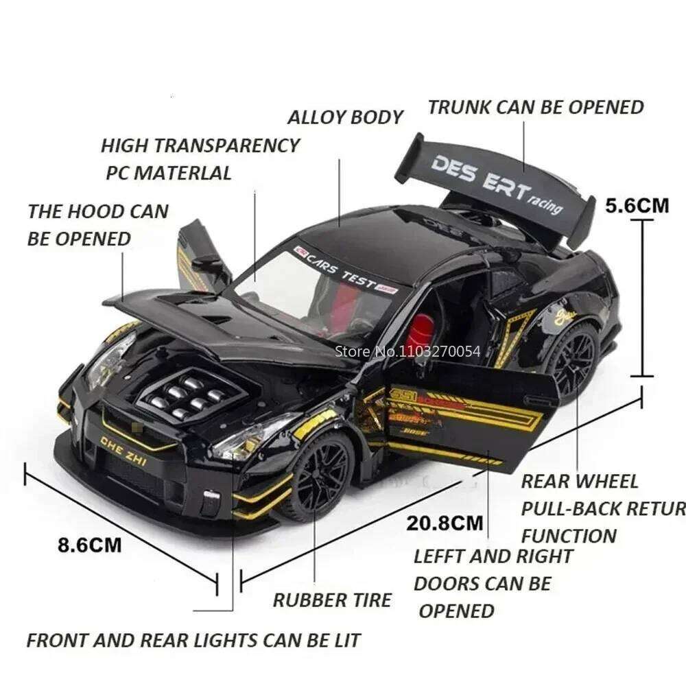 1:24 GTR R34 Miniature Model Diecast Alloy Car Toy 4 Doors Opened Sound Light Pull Back Front Wheel Steering Vehice for Boy Gift Z260306