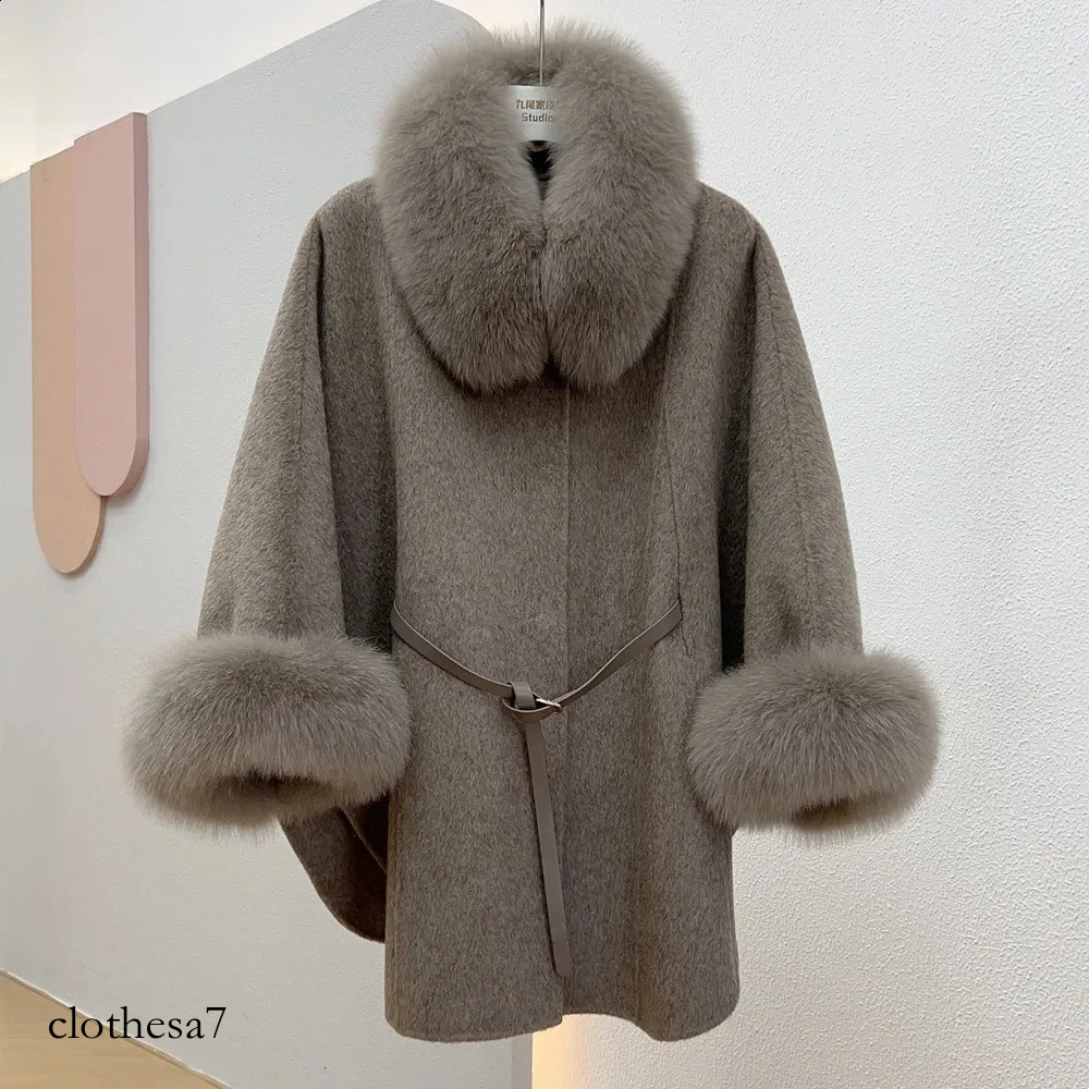 Winter real fox fur 100% wool cashmere warm jacket detachable collar thick womens coat 251015