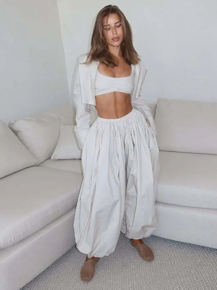 Women Stripe Drop Waist Lantern Pant 3 Pieces Suit Sleeveless Vest Long Sleeve Lapel Shirt Sets 2026 Female Casual Street Wears 260306