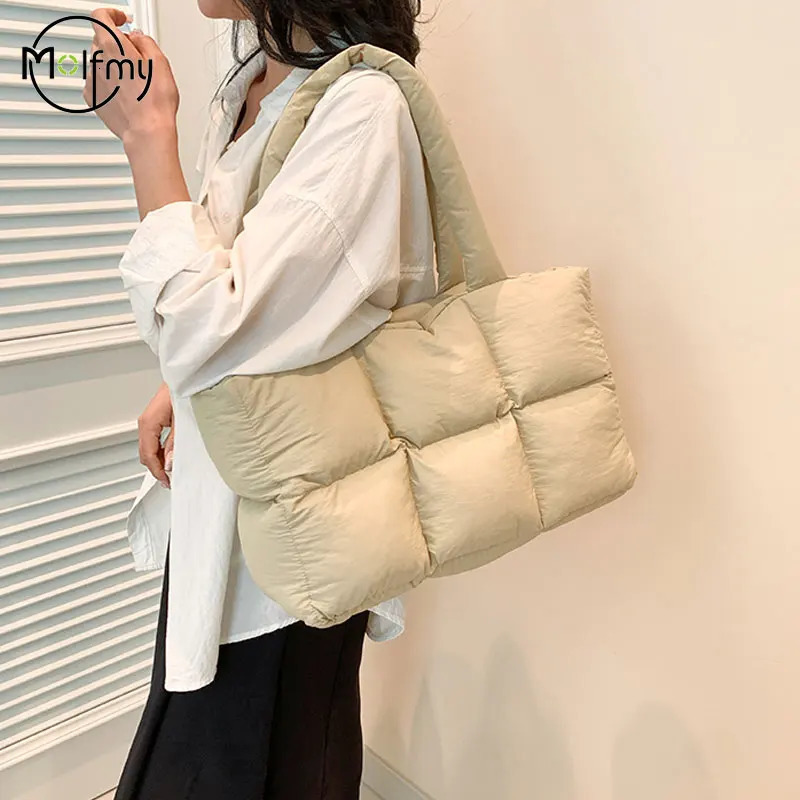 Women Tote Handbags Quilted Plaid Bag Retro Trendy Checkered Waterproof Shoulder Bag Solid Color Winter Soft Large Capacity Bags 260306