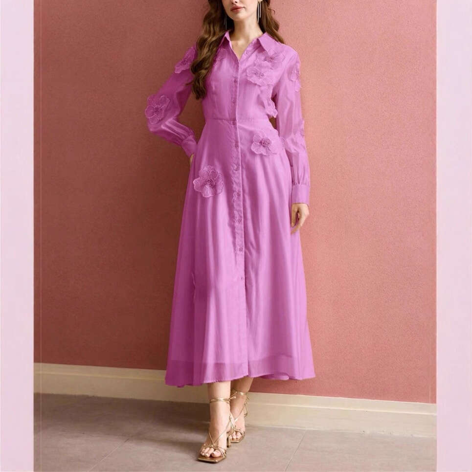 2026 Spring and Autumn Season, European and American niche a2 ladies' style commuting 3D floral solid color big hem shirt dress