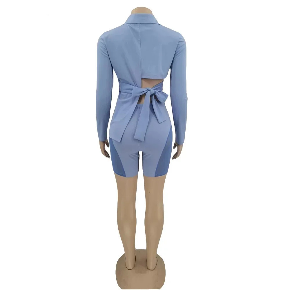 ANJAMANOR Two Piece Club Outfits Women Sexy Asymmetric Blazer and Mesh Shorts Leggings Matching Sets Fall D58ED25 260306