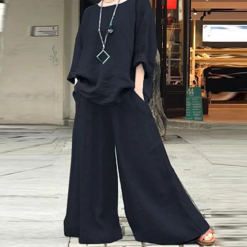 Casual Cotton Linen Set Womens O Neck Long Sleeve Blouses Wide Leg Pants Culottes 2piece Sets Autumn Retro Loose Female Suit 260303