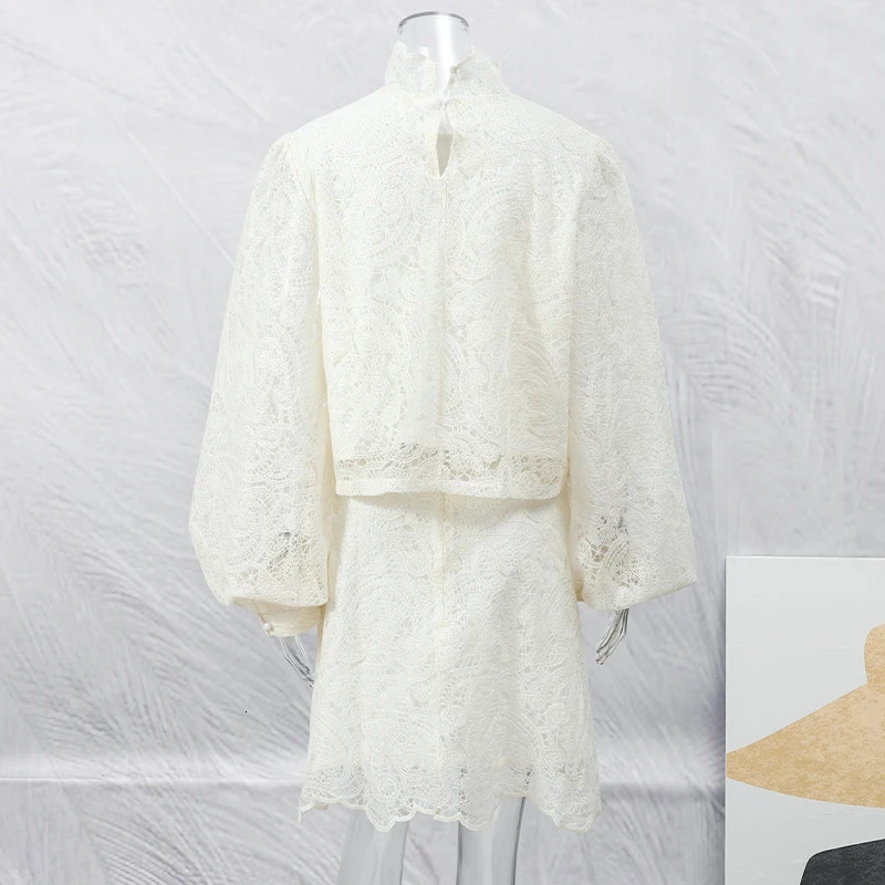 Trendy Lady Hollow Out Lace Mini Dress Elegant Long Sleeve Chic High Neck Short Vestidos Autumn Club Night Gown 260306