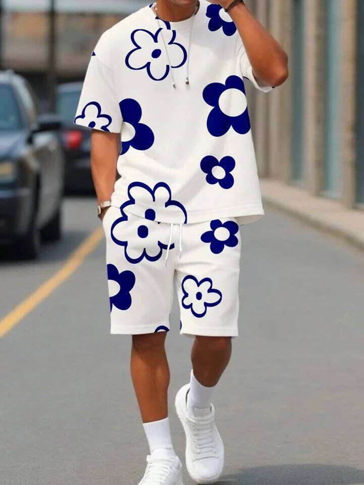 Fashion Men's Black And White Flower Graphic Print T-Shirt 2-Piece O-Neck Short Sleeve Top Elastic Waist Shorts Set