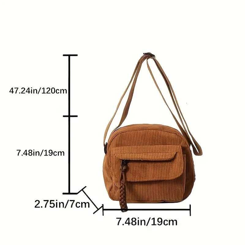 Corduroy Crossbody Bag for Women Casual Harajuku Style Zipper Closure Adjustable Strap Multi Pockets Polyester Lining Beige 260306