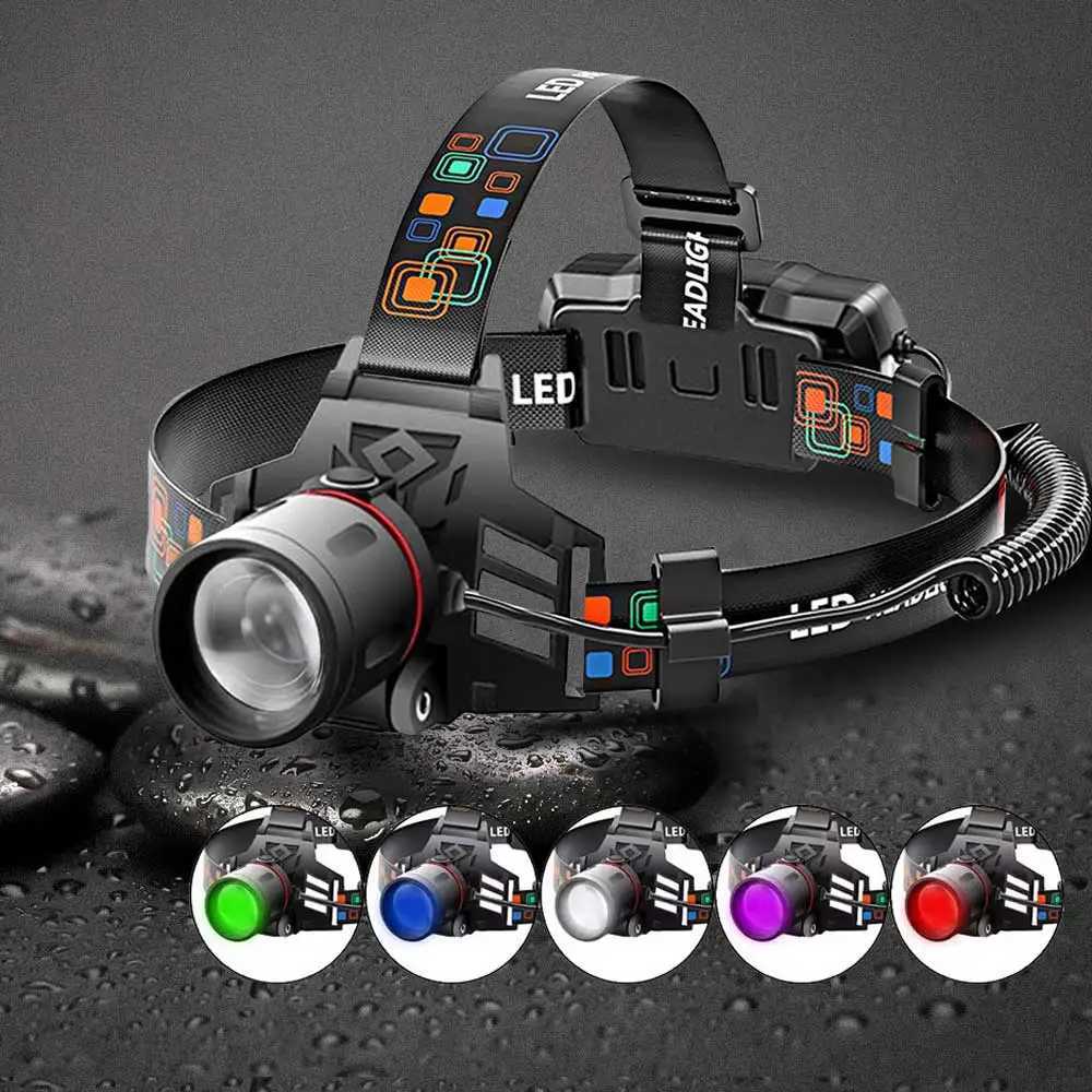 LED Headlamp 3 Modes Zoomable Headlight USB 18650 Head Torch Fishing Light White Red Blue Green 395nm UV Hunting Flashlight Lamp H260307