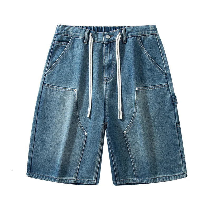 Vintage Cargo Denim Shorts Men Summer Fashion Dark Blue Dyed Distressed Fashion High Street Straight Wide Short Jeans 260304