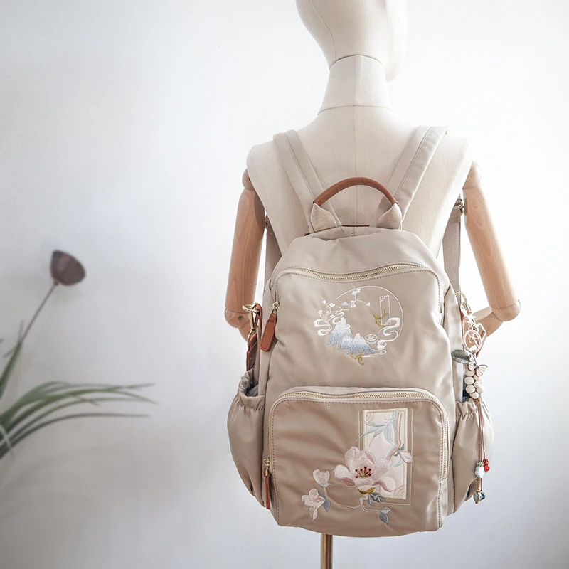 Chinese Style 14inch Nylon Oxford Backpack Womens Leisure Travel Temperament Literary Embroidery Computer Schoolbag 260307