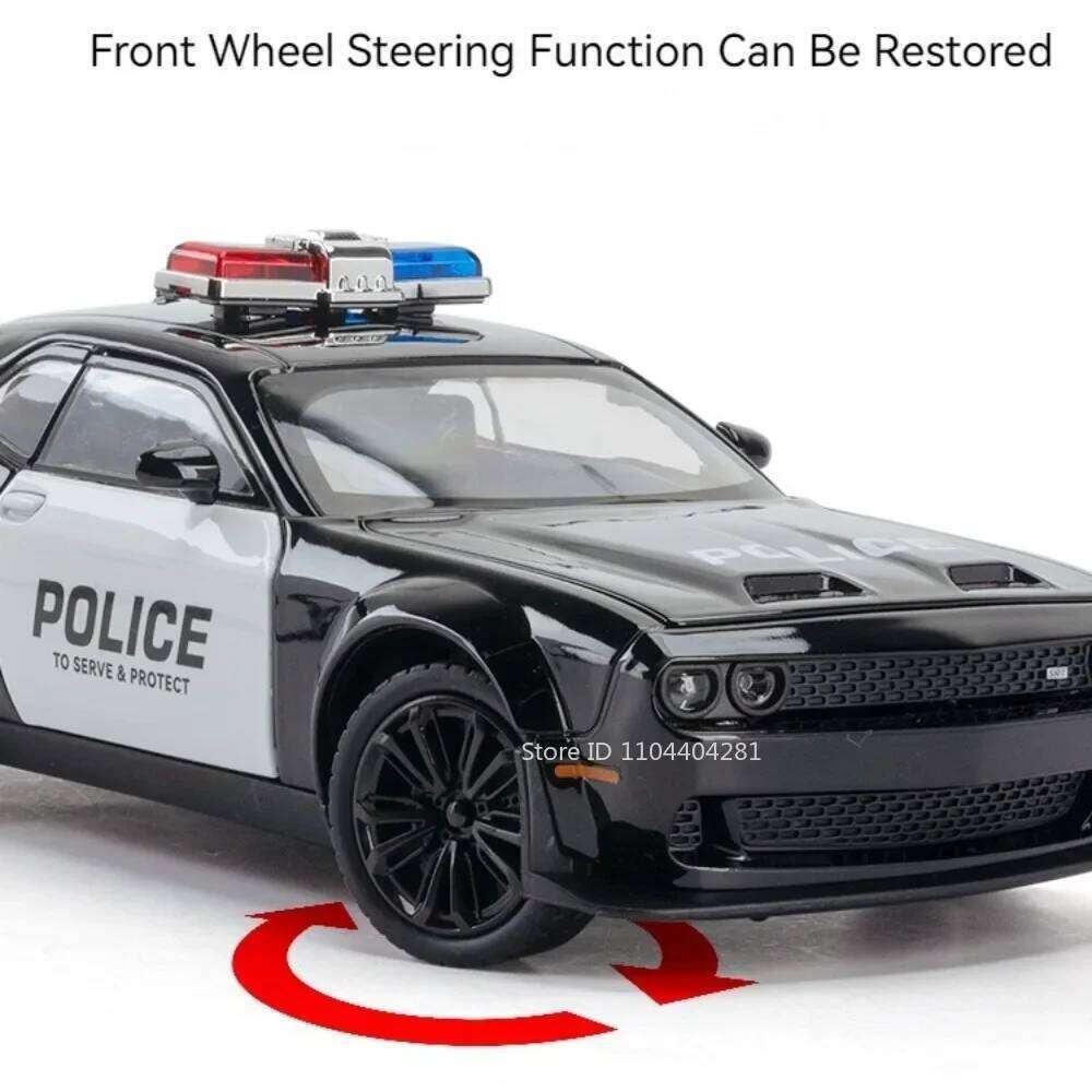 1:22 Hellcat Challenger SRT Cars Toys Diecast Police Car Front Wheel Steering Doors Opened Sound Light Model Friend's Gift Z260307