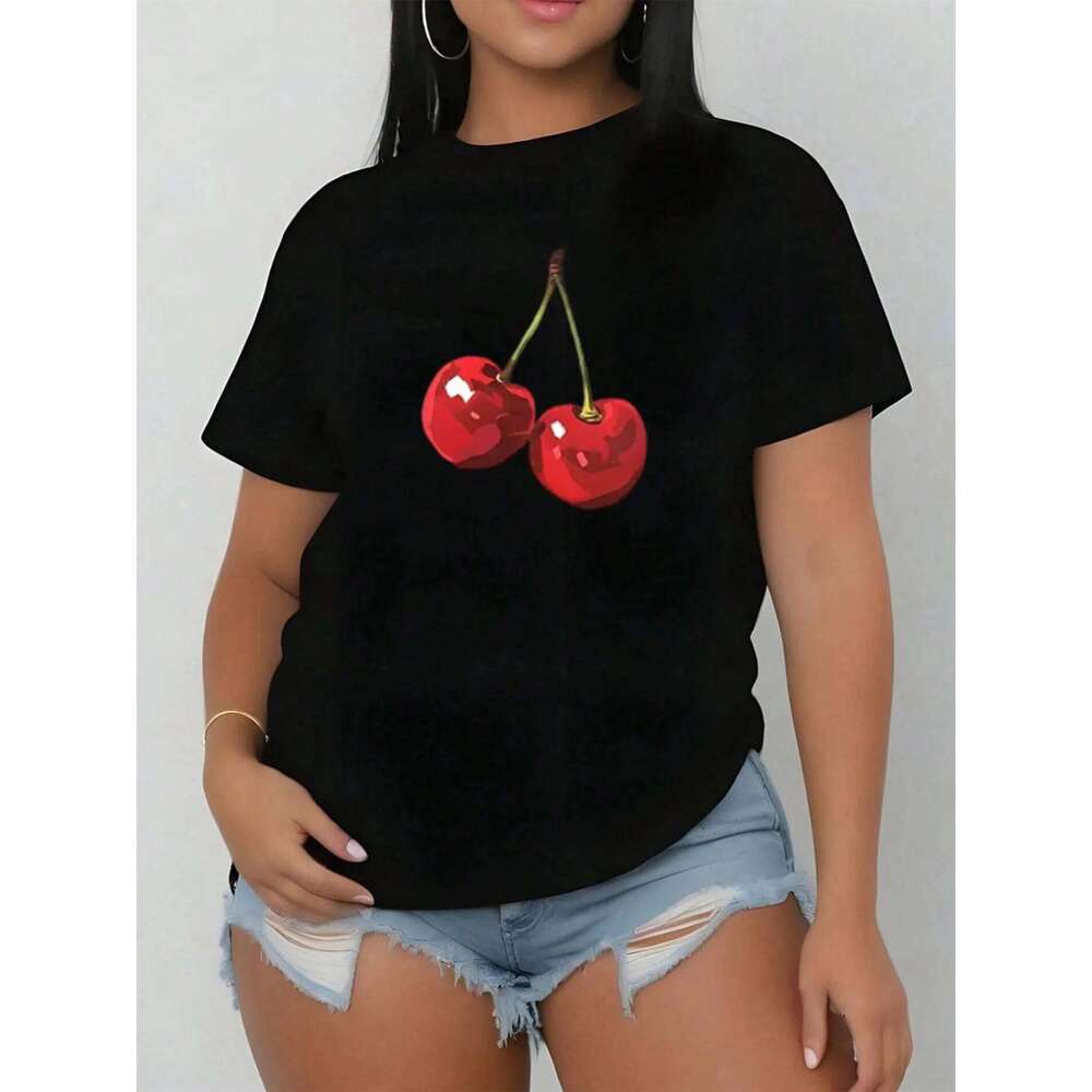 Women's Black Print Short Sleeve Crew Neck T-Shirt Casual Summer Top Classic Design for Attire Cherry T-shirt XJ260306 XJ260306