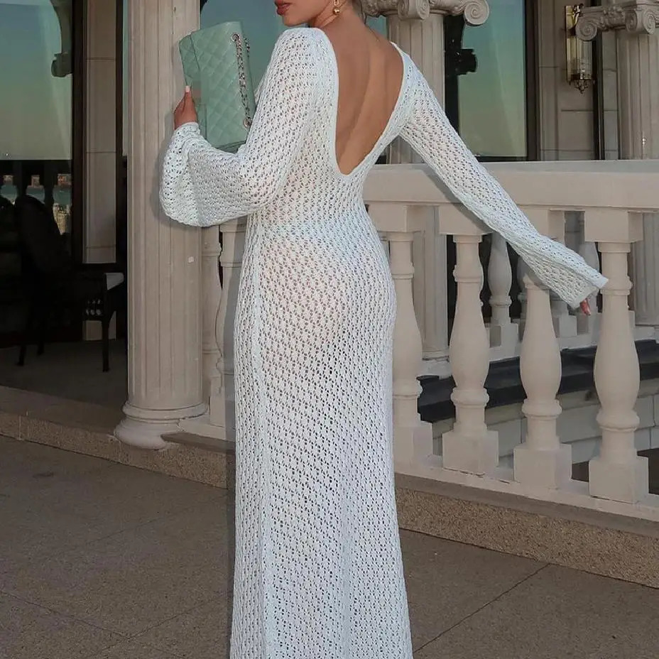 Yiiciovy Sexy Women Long Knit Beach Dress HollowOut Deep VNeck Sleeve Bikini CoverUps Fall Backless Holiday 260228