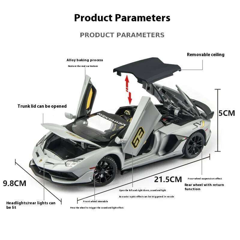 1:24 Lambo SVJ63 Alloy Model Sports Model, Simulated Car Children's Toy Collection Ornaments for Boys Gifts Z260307