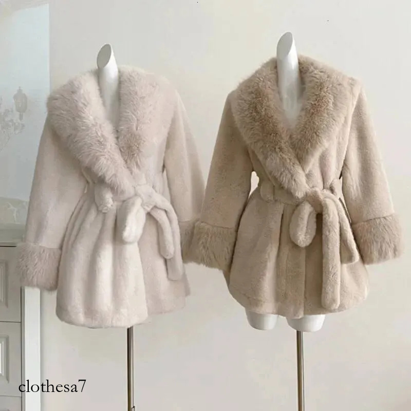 Winter Women Faux Furs Jackets Coats With Belt Elegant Waist Hing Slimming Fur Big Collar Thickened Warm Outerwear