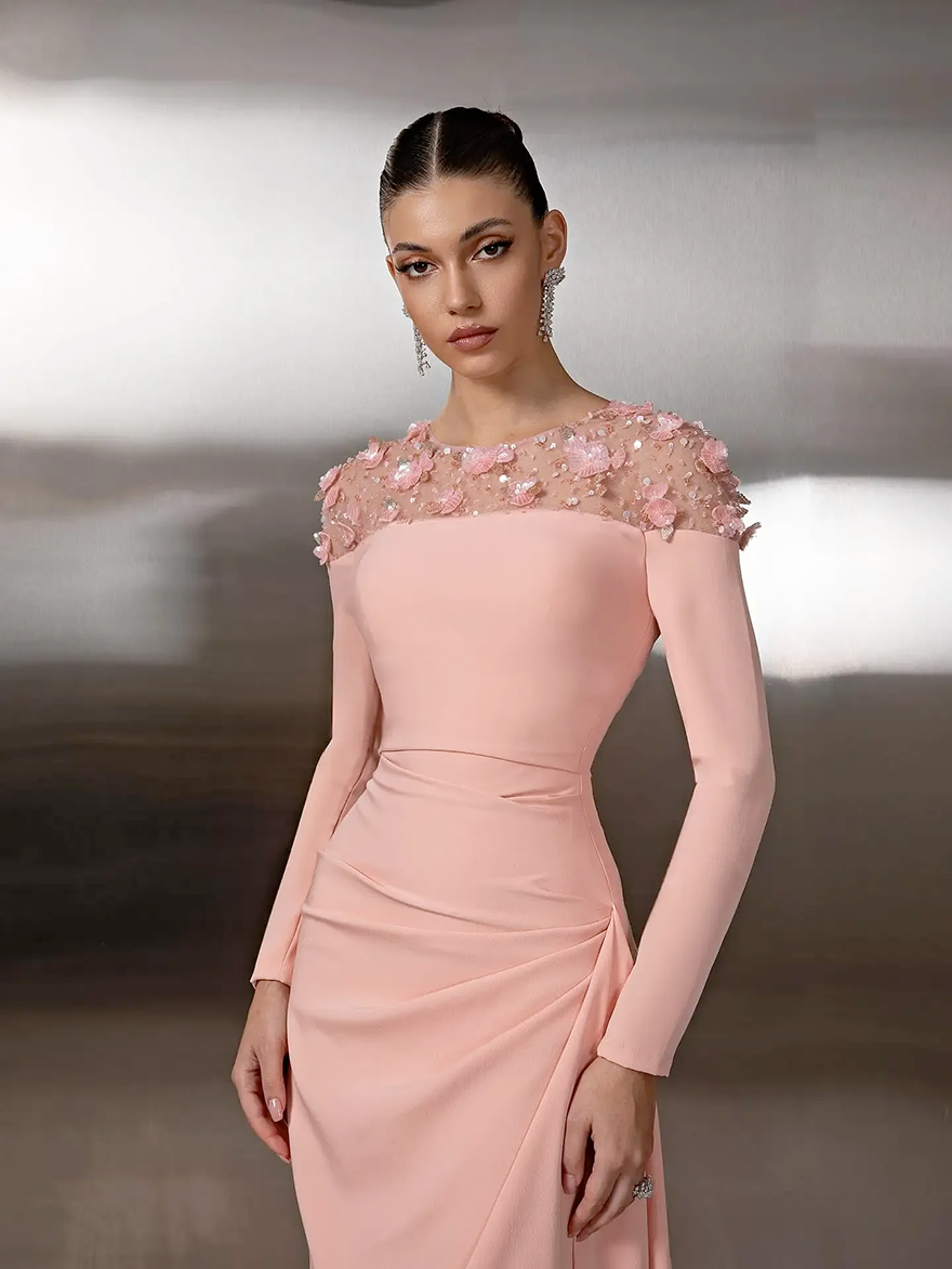 Elegant Chiffon Prom Party Dress 2026 Sheer O-neck 3D Flowers Lace Long Sleeves Evening Birthday Formal Gowns Pageant Dresses Robe De Soiree BC821